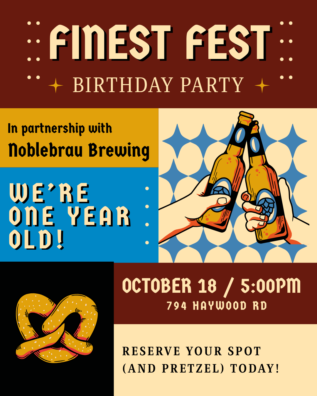 Finest Fest birthday party flyer — October 18 at 5pm, with Noblebrau Brewing